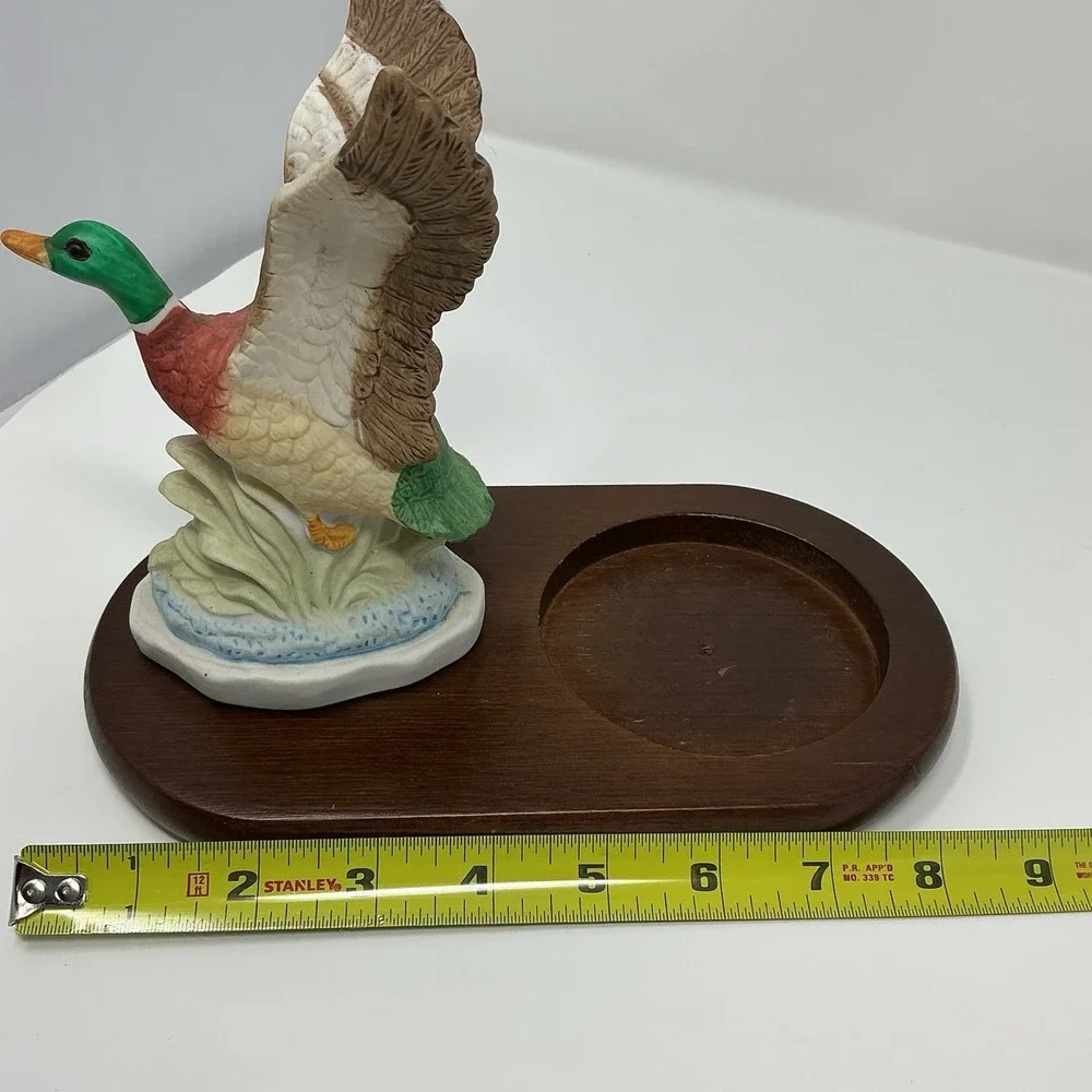 Vintage Mallard Duck Ceramic Figurine Wood Base Ashtray Holder Cabin Decor